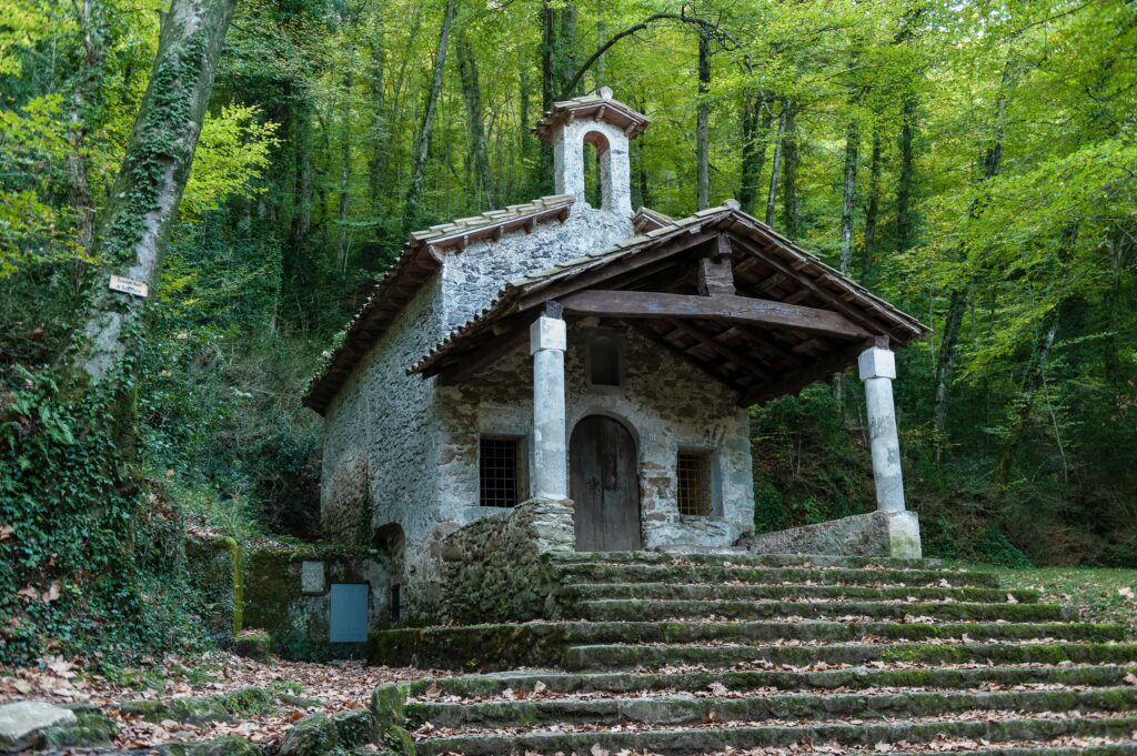 A hidden Romanesque church in a Catalan forest, embodying the serene and authentic discovery of The Real Catalonia Beyond Barcelona.