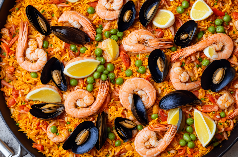 Authentic Spanish paella in a traditional pan, a delicious dish that is just one part of the country's vast cuisine