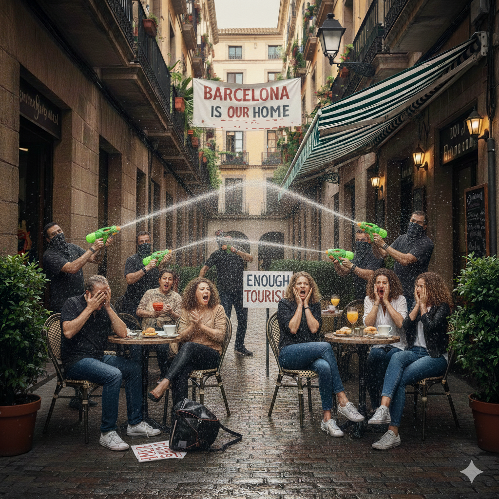 Group of tourists sitting on a bar terrace in Barcelona, while protesters stage a symbolic anti-mass tourism demonstration by spraying them with water pistols. Image about the **anti-tourism protests in Barcelona** and coexistence in the city.