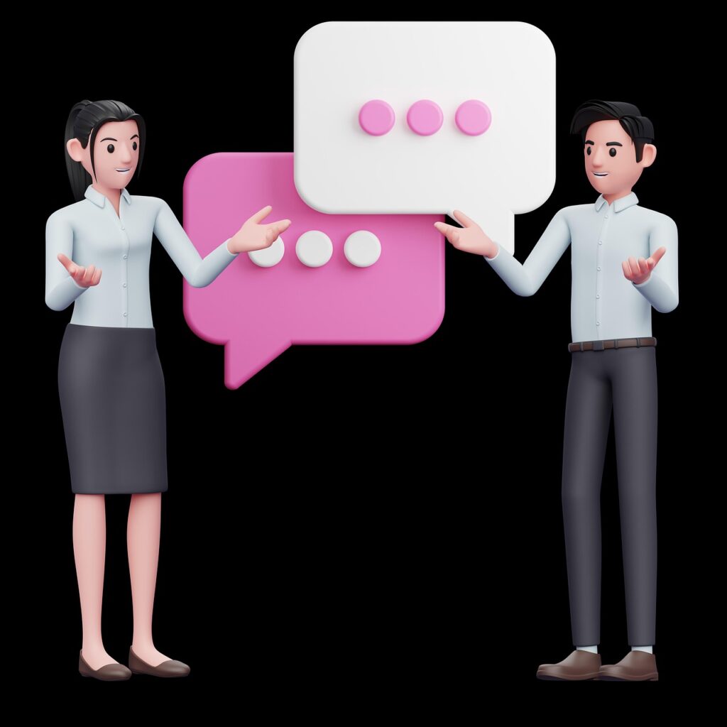 Illustration of a Spanish woman and a newcomer in conversation, with speech bubbles highlighting language exchange, representing the importance of learning Spanish beyond the stereotypes about Spain.