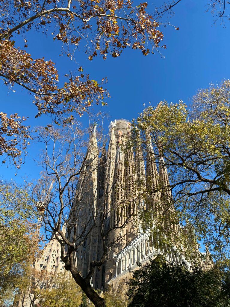The Sagrada Familia in autumn, surrounded by fall foliage. Barcelona year round offers stunning seasonal contrasts at its landmarks.