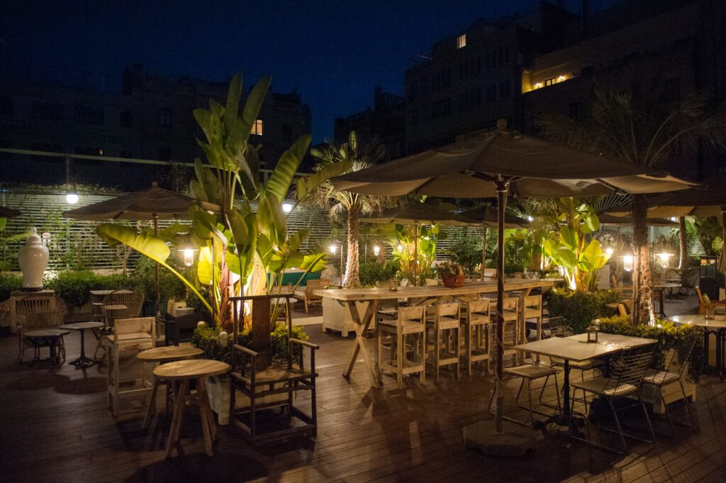 The terrace of the Batuar Restaurant & Bar at night